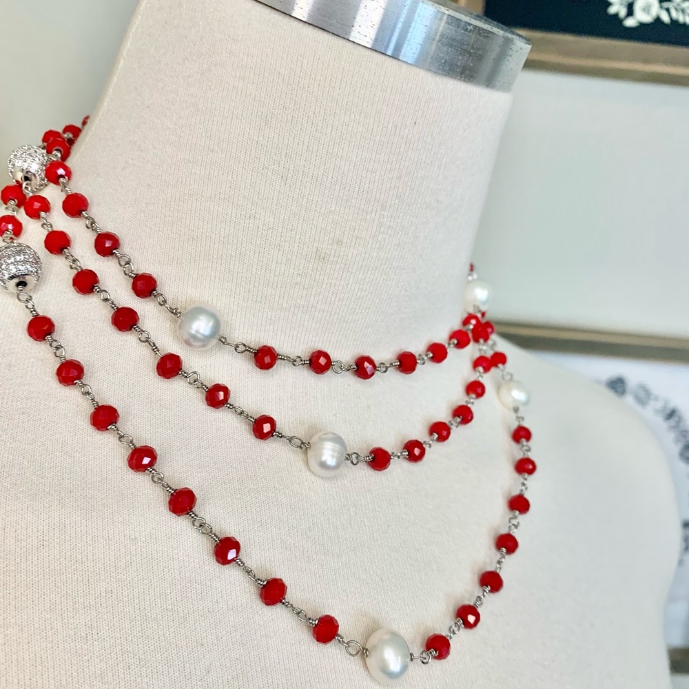 Red beads, Austrian crystals - necklace